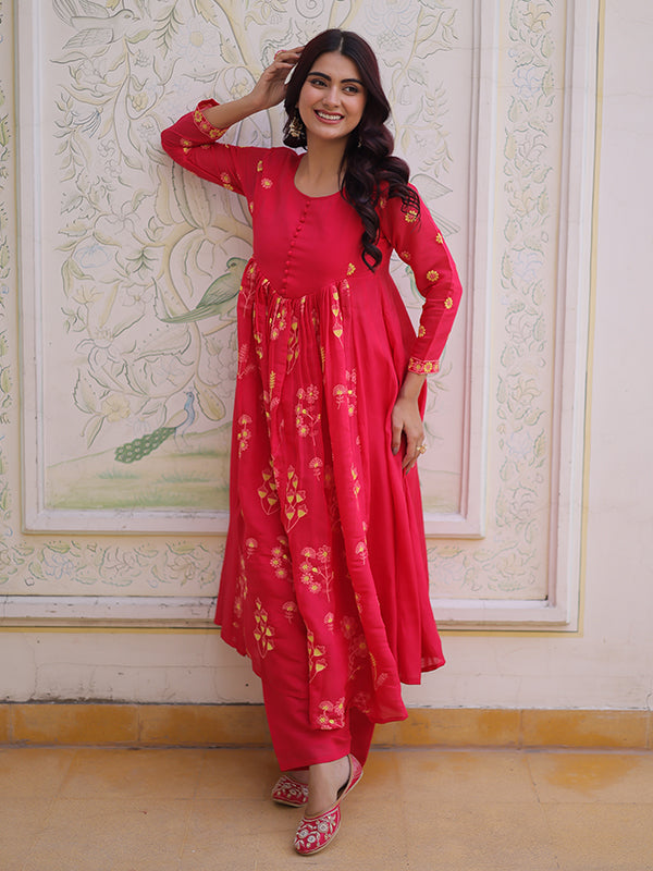 Pink Embroidered Work Mal Chanderi Kurti Pant Set