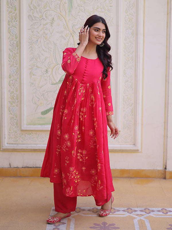 Pink Embroidered Work Mal Chanderi Kurti Pant Set