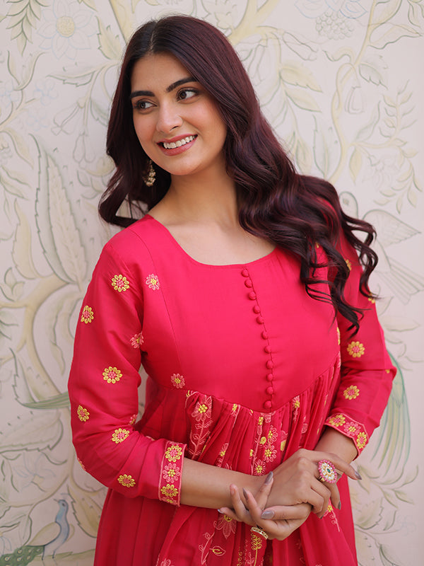 Pink Embroidered Work Mal Chanderi Kurti Pant Set