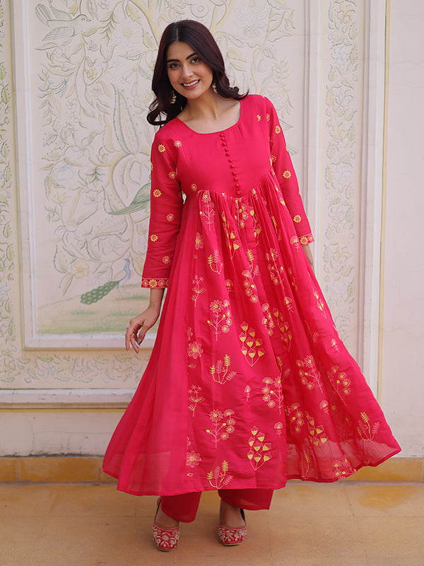 Pink Embroidered Work Mal Chanderi Kurti Pant Set