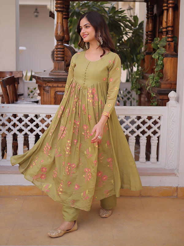 Pista Green Embroidered Work Mal Chanderi Kurti Pant Set