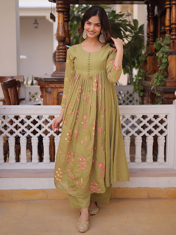 Pista Green Embroidered Work Mal Chanderi Kurti Pant Set