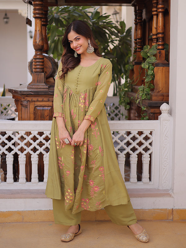 Pista Green Embroidered Work Mal Chanderi Kurti Pant Set