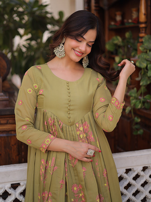 Pista Green Embroidered Work Mal Chanderi Kurti Pant Set