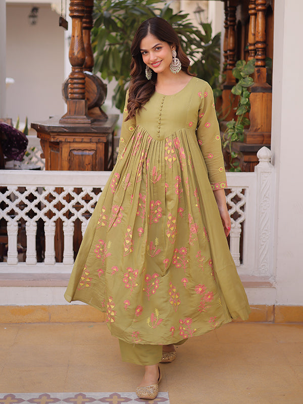 Pista Green Embroidered Work Mal Chanderi Kurti Pant Set