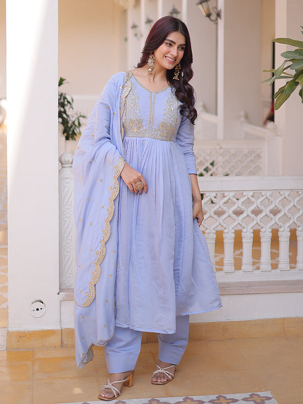 Lavender Beads Embroidery Work Mal Chanderi Kurti Pant With Dupatta