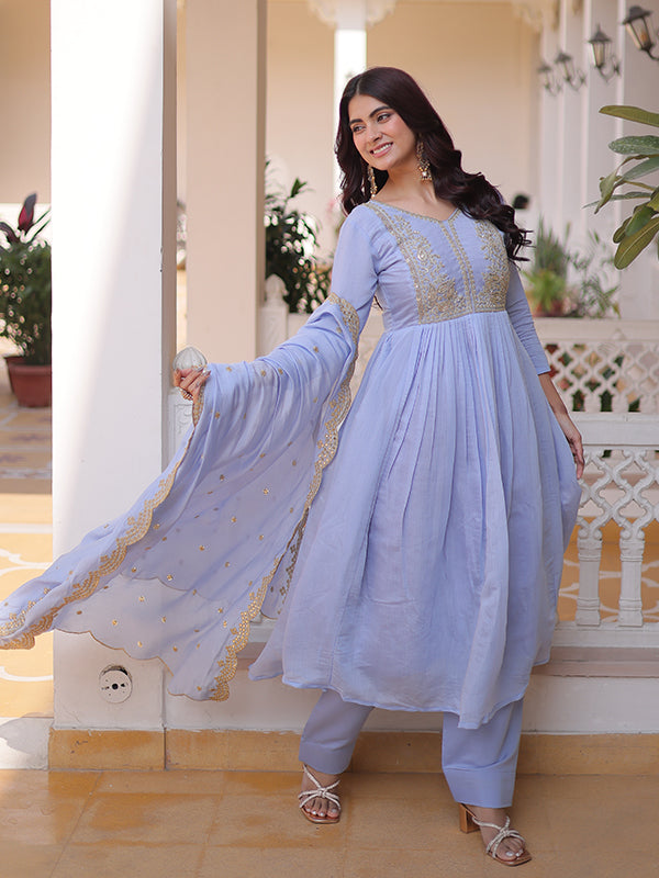 Lavender Beads Embroidery Work Mal Chanderi Kurti Pant With Dupatta