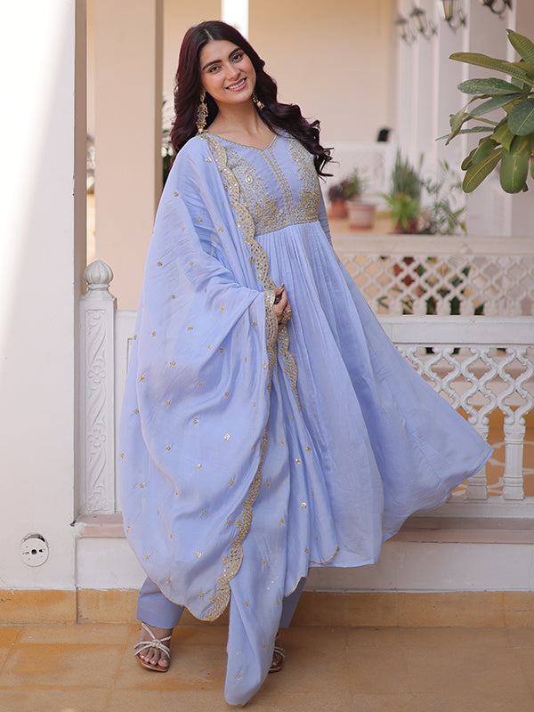 Lavender Beads Embroidery Work Mal Chanderi Kurti Pant With Dupatta