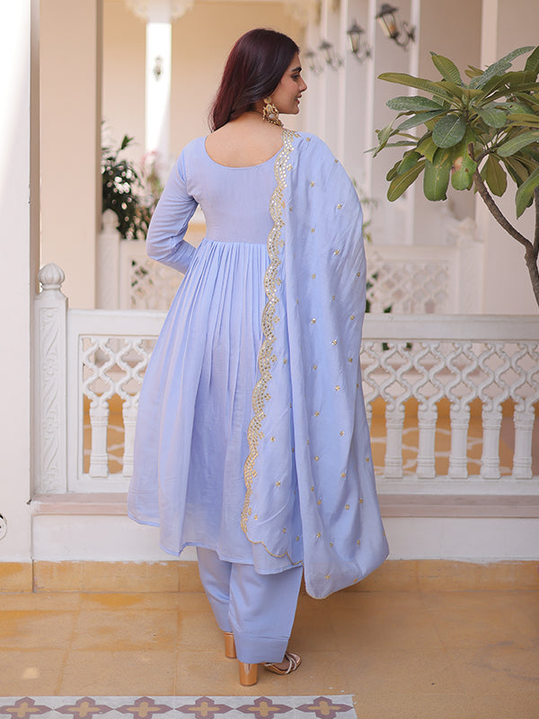 Lavender Beads Embroidery Work Mal Chanderi Kurti Pant With Dupatta