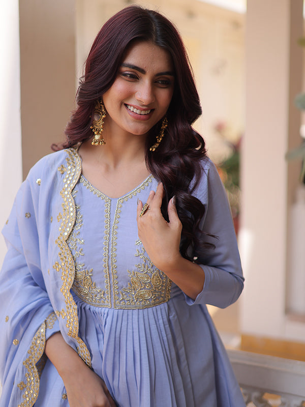 Lavender Beads Embroidery Work Mal Chanderi Kurti Pant With Dupatta