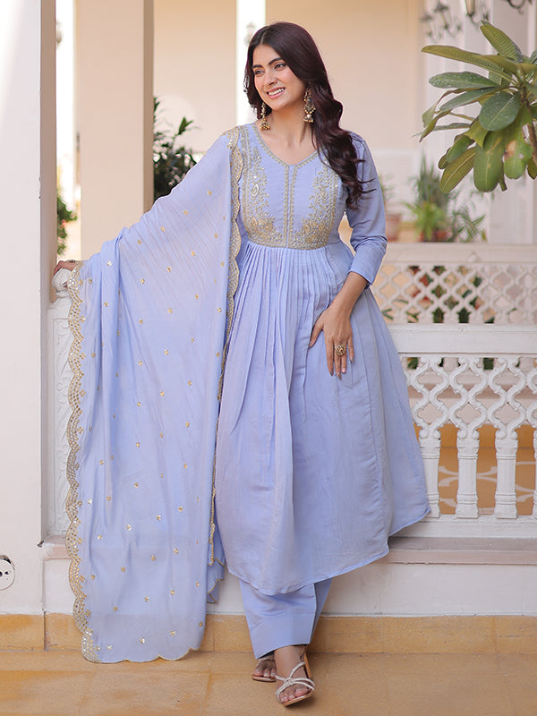 Lavender Beads Embroidery Work Mal Chanderi Kurti Pant With Dupatta