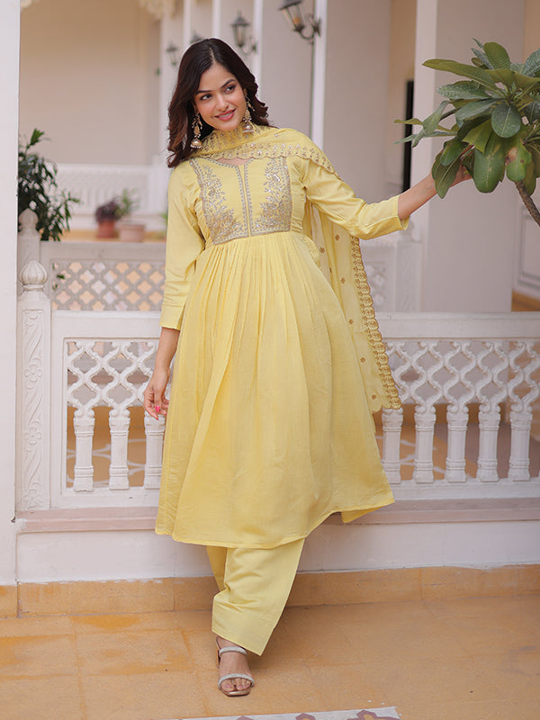 Yellow Beads Embroidery Work Mal Chanderi Kurti Pant With Dupatta