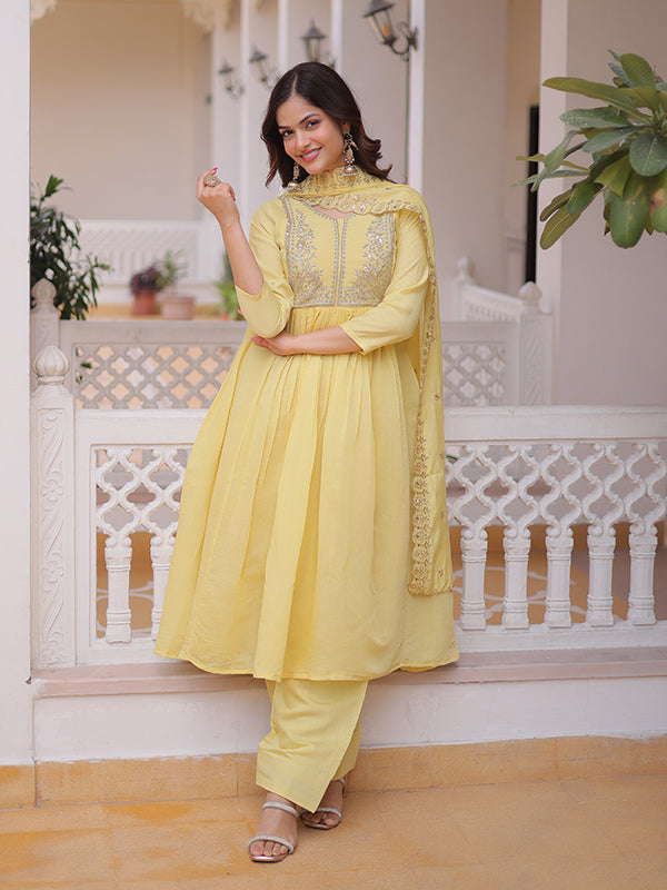 Yellow Beads Embroidery Work Mal Chanderi Kurti Pant With Dupatta