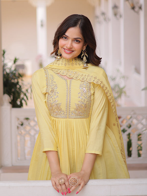 Yellow Beads Embroidery Work Mal Chanderi Kurti Pant With Dupatta