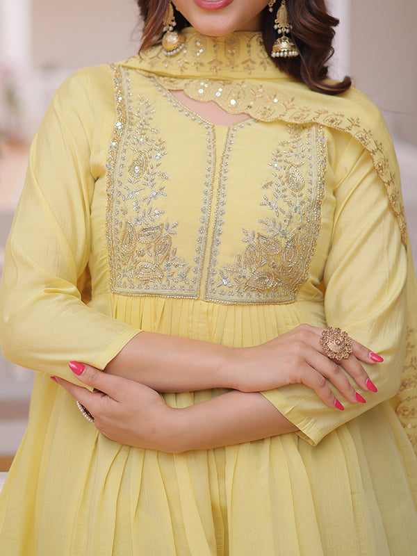 Yellow Beads Embroidery Work Mal Chanderi Kurti Pant With Dupatta
