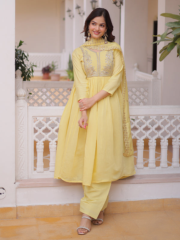 Yellow Beads Embroidery Work Mal Chanderi Kurti Pant With Dupatta