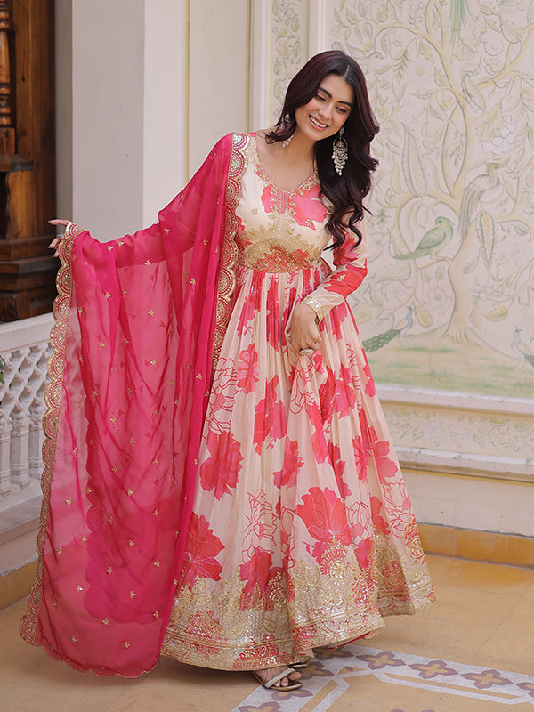 White With Pink Embroidery Zari Sequins Work Digital Printed Russian Silk Gown With Dupatta