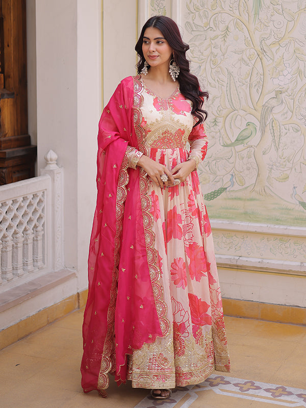 White With Pink Embroidery Zari Sequins Work Digital Printed Russian Silk Gown With Dupatta