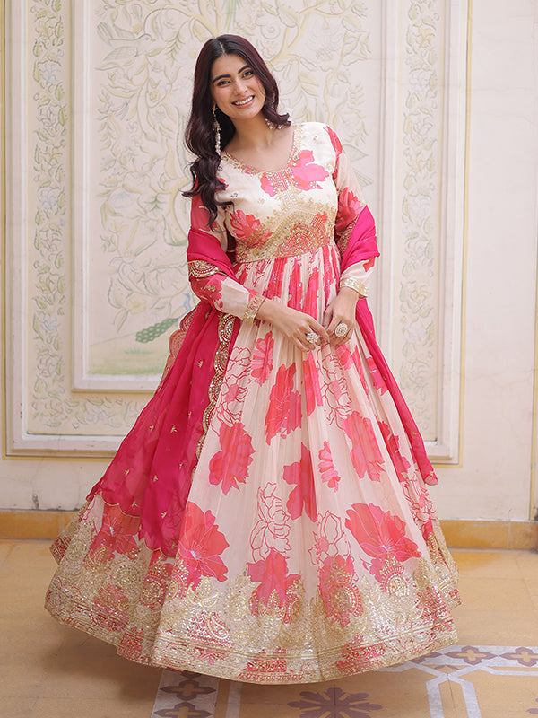 White With Pink Embroidery Zari Sequins Work Digital Printed Russian Silk Gown With Dupatta