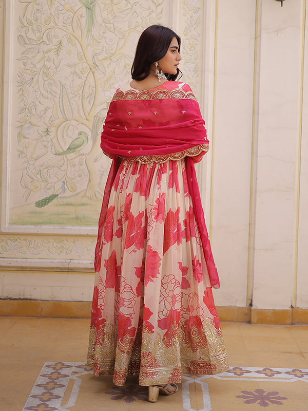 White With Pink Embroidery Zari Sequins Work Digital Printed Russian Silk Gown With Dupatta
