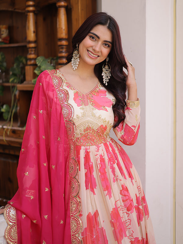 White With Pink Embroidery Zari Sequins Work Digital Printed Russian Silk Gown With Dupatta