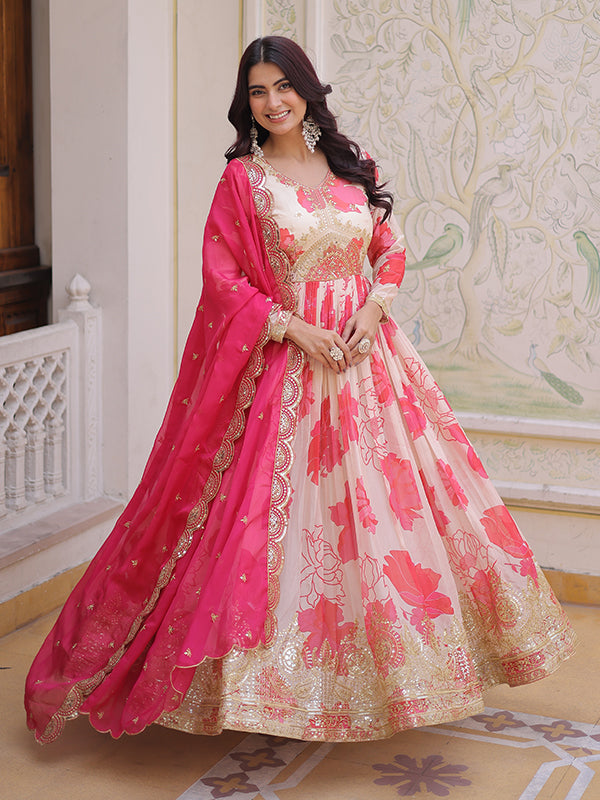 White With Pink Embroidery Zari Sequins Work Digital Printed Russian Silk Gown With Dupatta