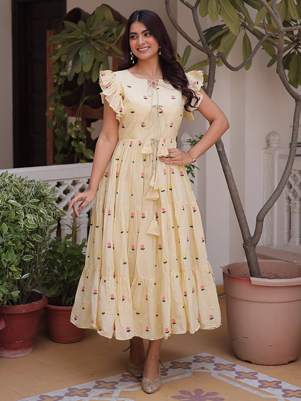 Off White Embroidered Work Cotton Sleeveless Flared Kurti
