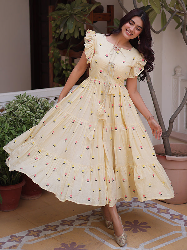 Off White Embroidered Work Cotton Sleeveless Flared Kurti