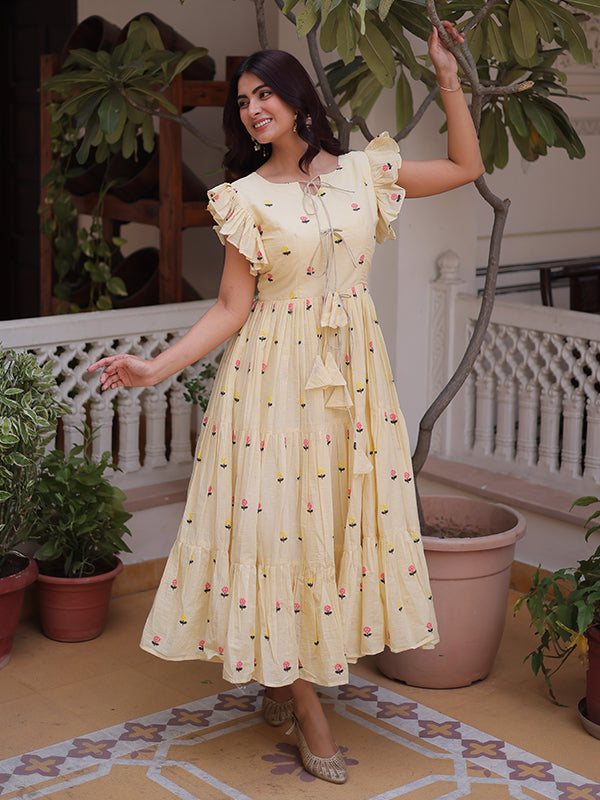 Off White Embroidered Work Cotton Sleeveless Flared Kurti