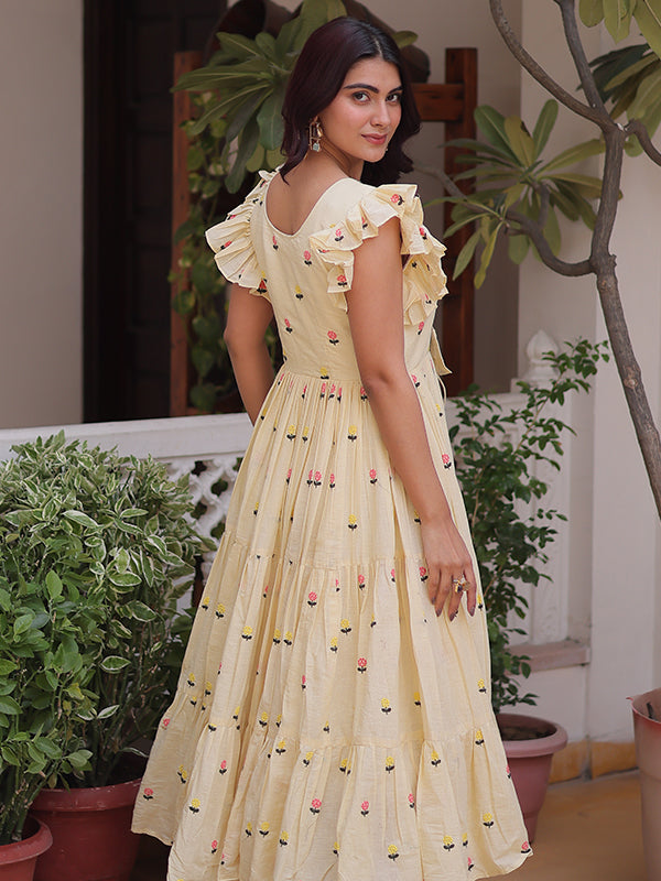 Off White Embroidered Work Cotton Sleeveless Flared Kurti