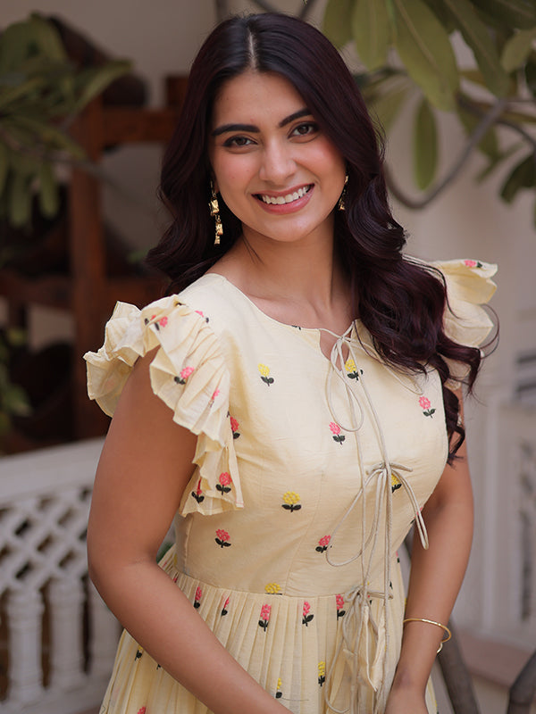 Off White Embroidered Work Cotton Sleeveless Flared Kurti