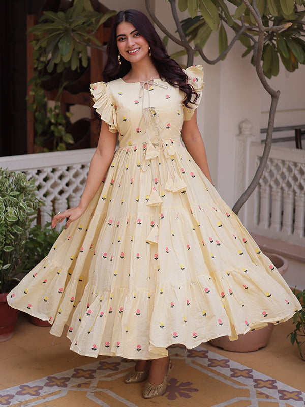 Off White Embroidered Work Cotton Sleeveless Flared Kurti