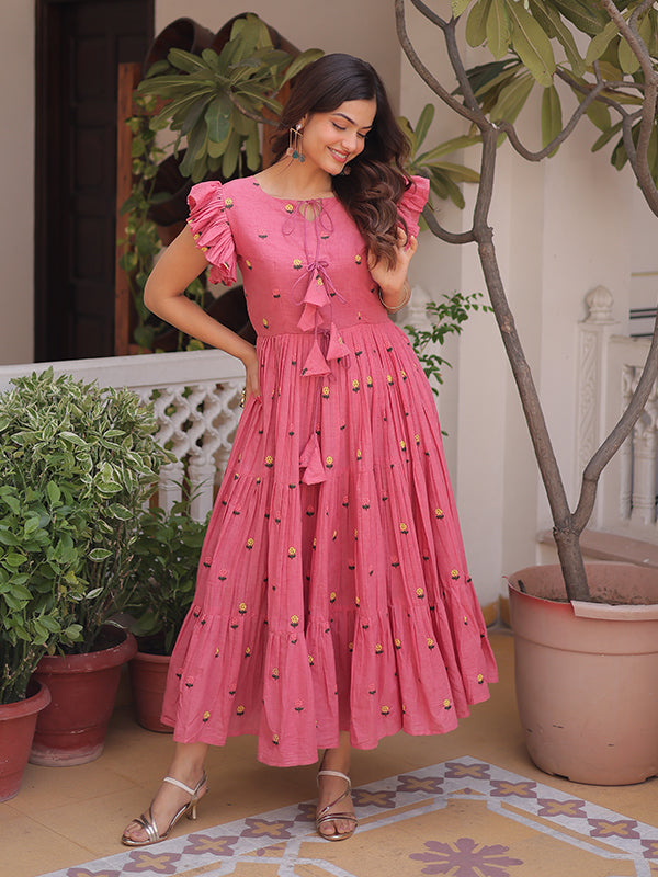 Pink Embroidered Work Cotton Sleeveless Flared Kurti