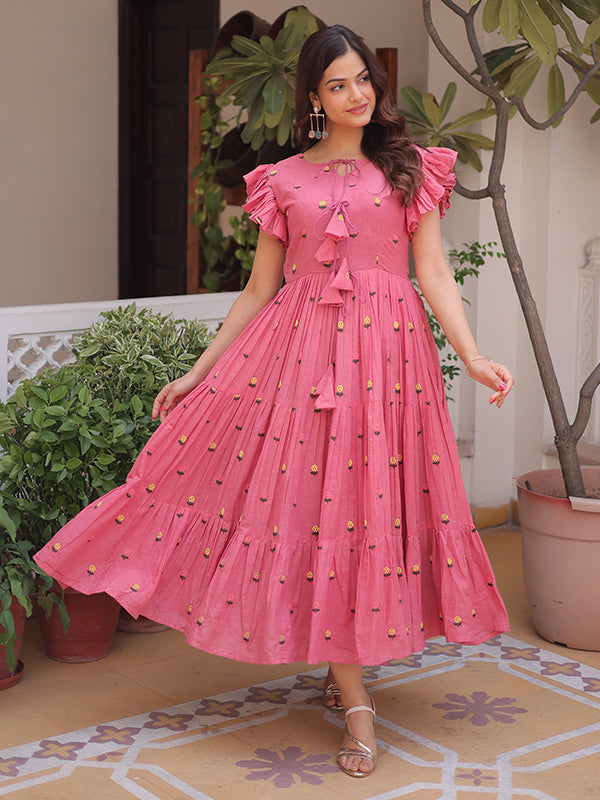 Pink Embroidered Work Cotton Sleeveless Flared Kurti
