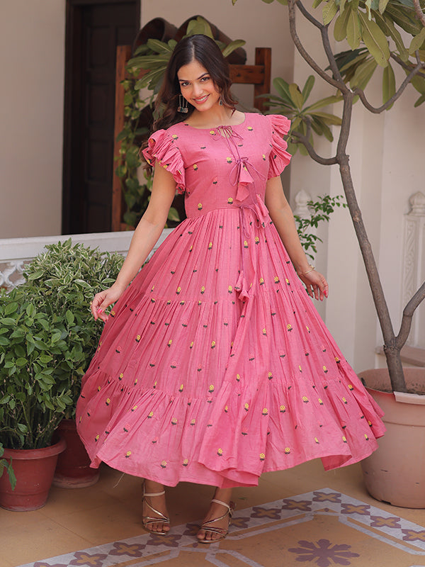 Pink Embroidered Work Cotton Sleeveless Flared Kurti
