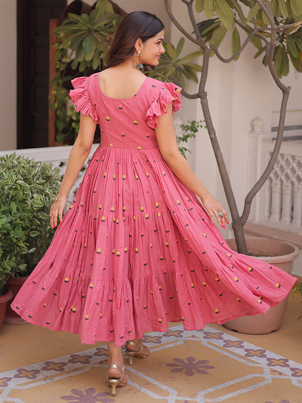 Pink Embroidered Work Cotton Sleeveless Flared Kurti