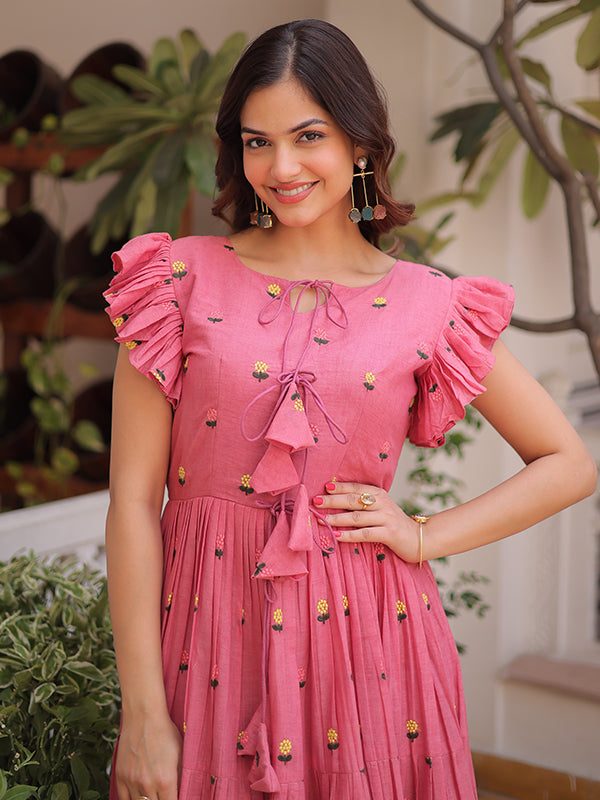 Pink Embroidered Work Cotton Sleeveless Flared Kurti