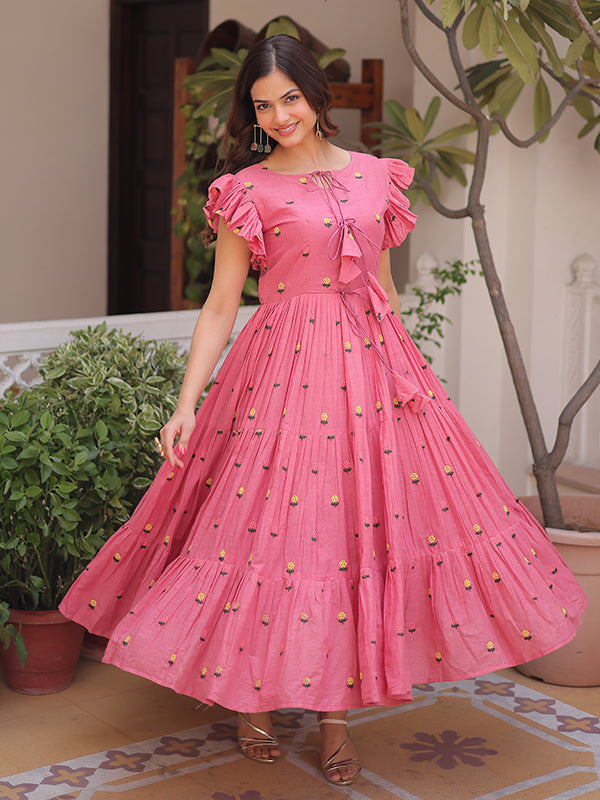 Pink Embroidered Work Cotton Sleeveless Flared Kurti