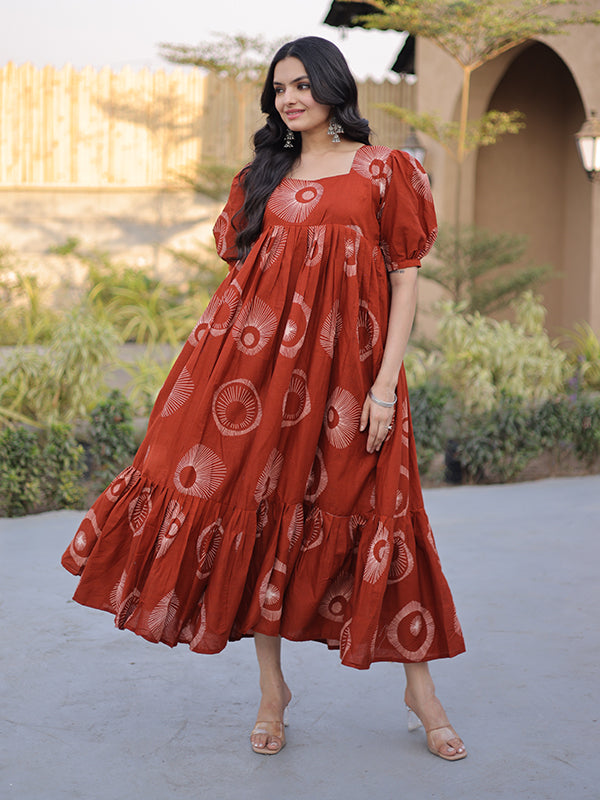 Orange Square Neck Printed Cotton Flared Kurti