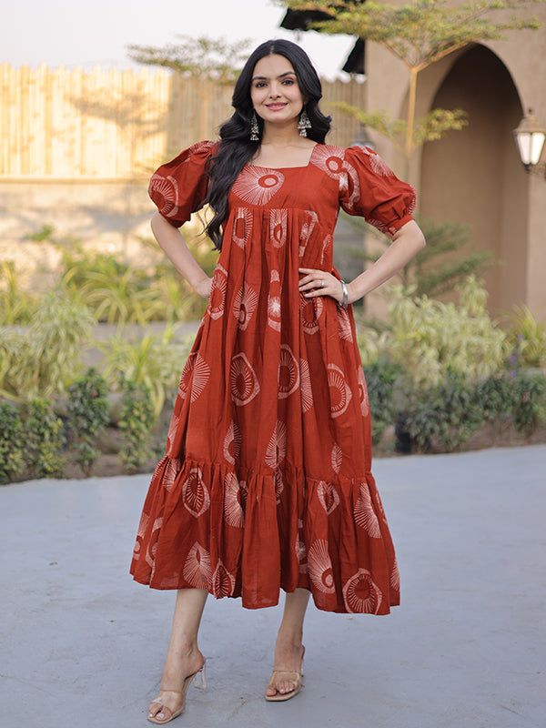 Orange Square Neck Printed Cotton Flared Kurti