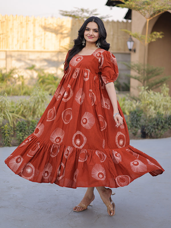 Orange Square Neck Printed Cotton Flared Kurti