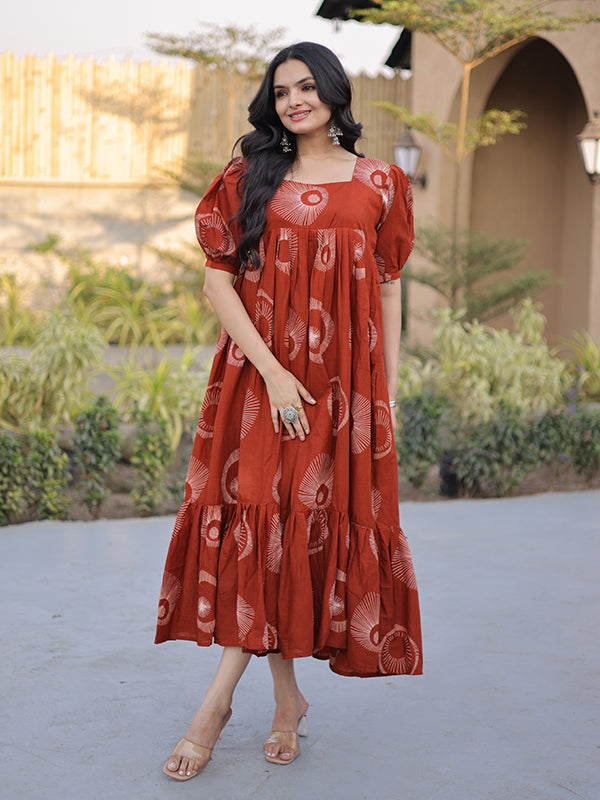 Orange Square Neck Printed Cotton Flared Kurti