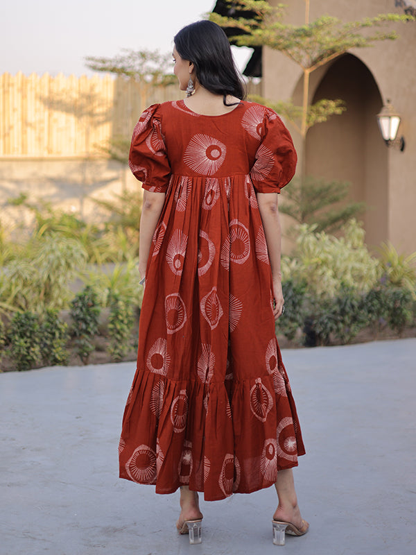 Orange Square Neck Printed Cotton Flared Kurti