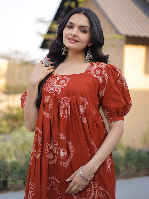 Orange Square Neck Printed Cotton Flared Kurti