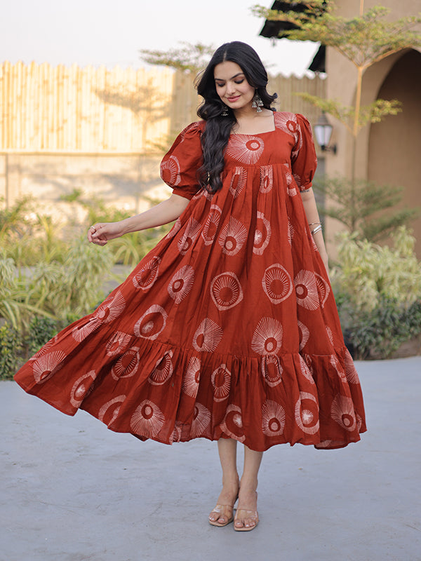 Orange Square Neck Printed Cotton Flared Kurti