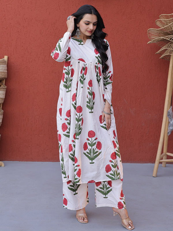 Pink Floral Printed White Cotton Kurti Pant Set