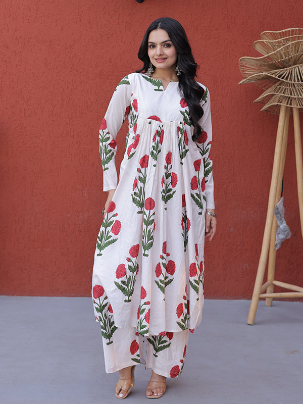 Pink Floral Printed White Cotton Kurti Pant Set