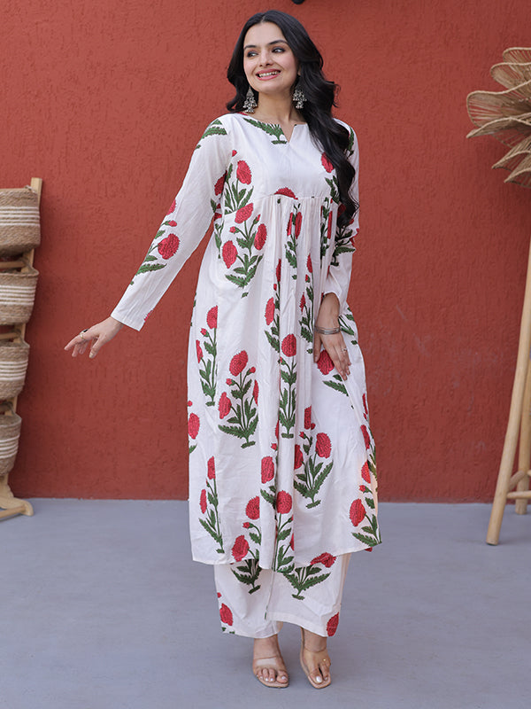 Pink Floral Printed White Cotton Kurti Pant Set