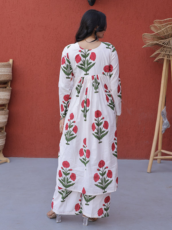 Pink Floral Printed White Cotton Kurti Pant Set