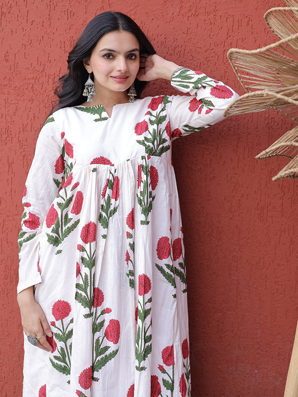 Pink Floral Printed White Cotton Kurti Pant Set